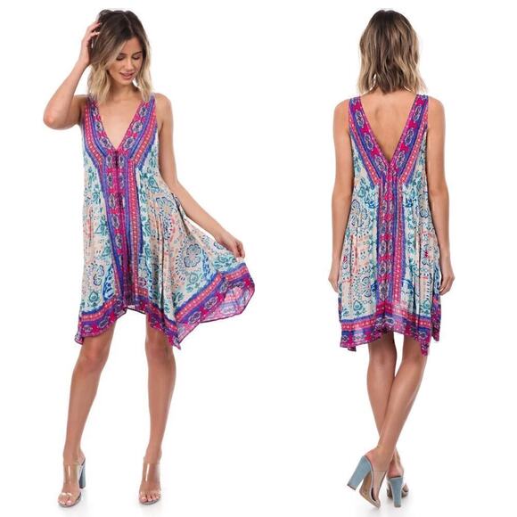 Free People Gypsy Trapeze Slip Relaxed Fit Boho Asymmetrical Dress in Cream XS - Picture 1 of 8